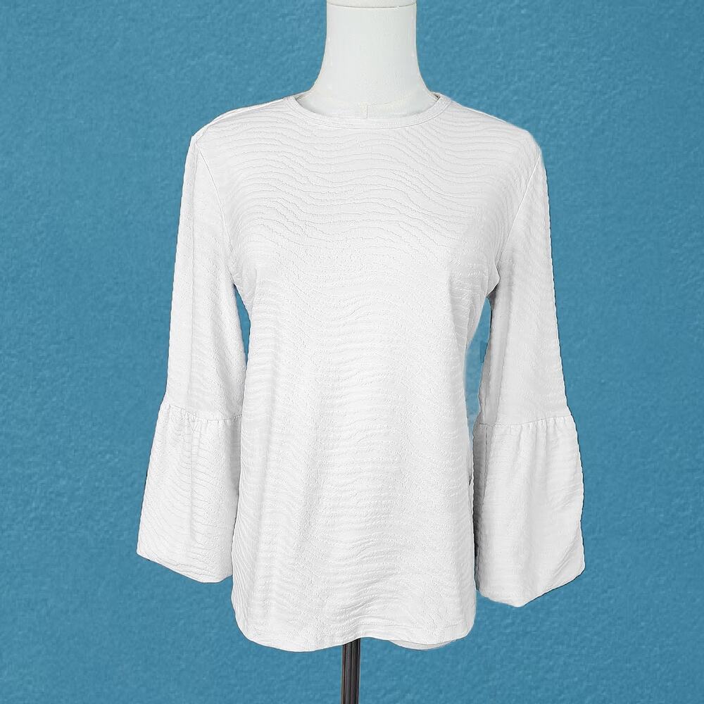 J McLaughlin White 3/4 Bell Sleeve Keaton Top Small Textured Jacquard Catalina